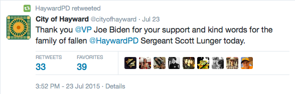 The City of Hayward and the Hayward Police Department show gratitude for Vice President Biden's condolences