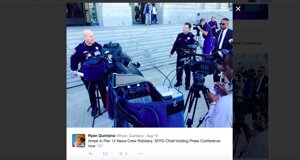 San Francisco Police Chief Greg Suhr holds a press release about the arrest of one of the Pier 14 armed robbery and assault suspects. <br>Photo provided by @Ryan_Quintana via Twitter