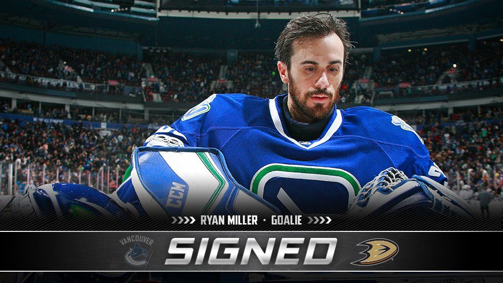Ryan Miller, former goaltender for the Buffalo Sabres, St. Louis Blues, and Vancouver Canucks, closed a two-year deal with Anaheim on Saturday, July 1, 2017
