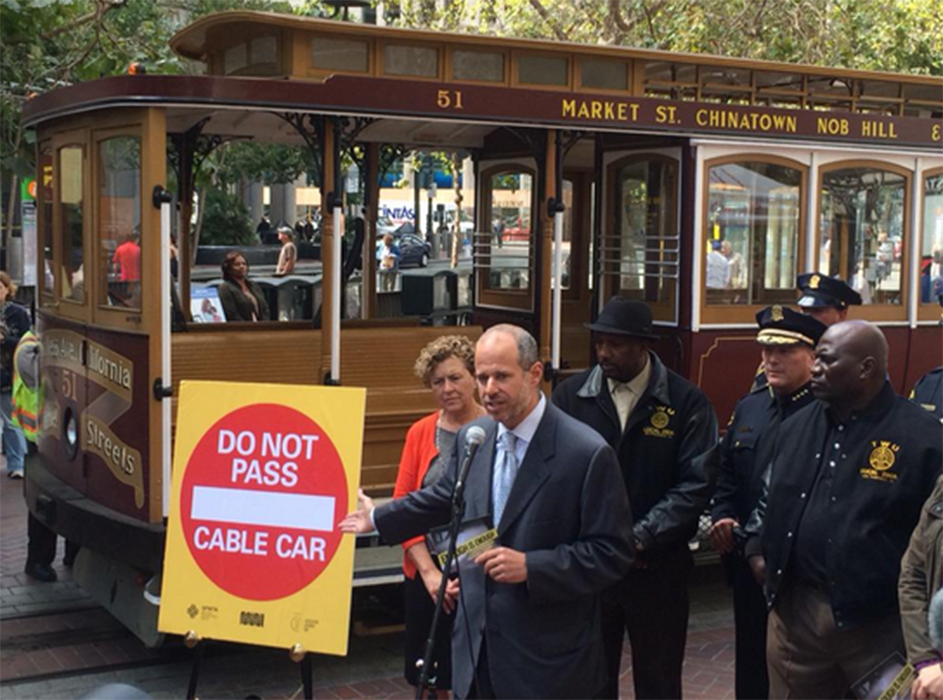 SFMTA's Ed Reiskin announces San Francisco's new Do Not Pass law as part of the Cable Car Safety Campaign. Photo courtesy of City of San Francisco @SFgov