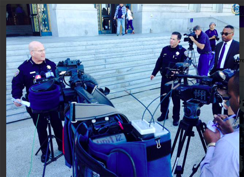 San Francisco Police Chief Greg Suhr makes a public statement about the arrest of one of the Pier 14 armed robbery and assault suspects.