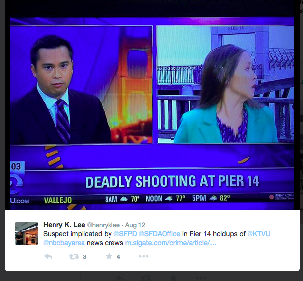 KTVU Reporter Cara Liu reacts to the armed robbery at Pier 14. <br>Photo courtesy of @HenryKLee via Twitter