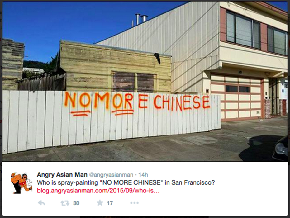 A recent string of racist graffiti has appeared around San Francisco. Photo courtesy of Angry Asian Man  @angryasianman via Twitter
