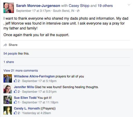 Sarah Monroe-Jurgenson writes a post updating her community about her father's whereabouts. 