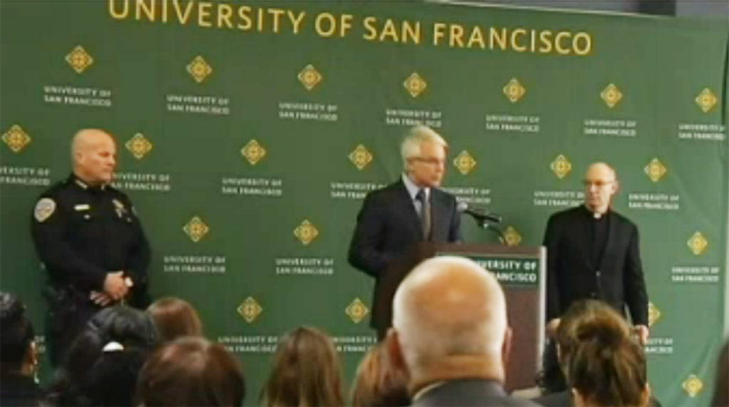 District Attorney George Gascon speaks at the University of San Francisco about the new sexual assault memorandum.