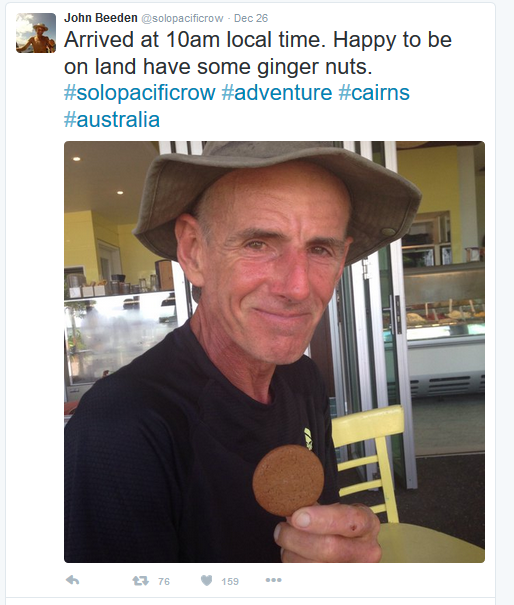 Explorer John Beeden tweets a celebratory gingersnap after arriving to Cairns, Australia after 209 days at sea. Photo by @SoloPacificRow via Twitter.