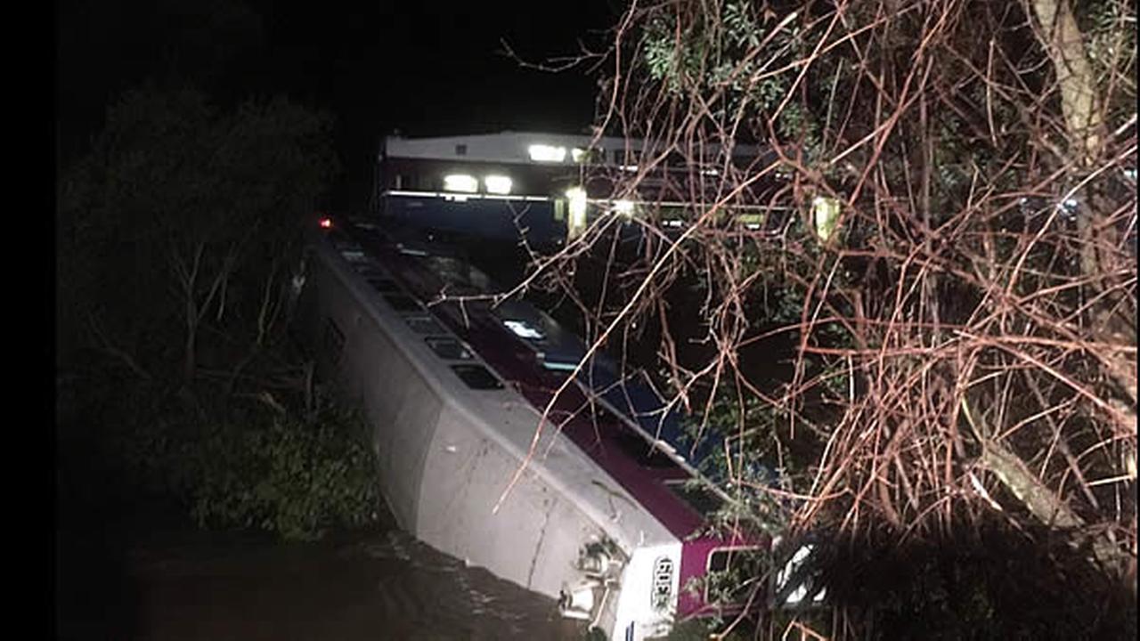 A Bay Area Altamont Corridor Express (ACE) commuter train derailed at approximately 7:15 p.m. on Monday, March 7. The cause of the crash is not completely clear, however initial investigations indicate the derailing was likely due to a large tree that fell onto the train tracks. Photo by: Alameda Fire Department