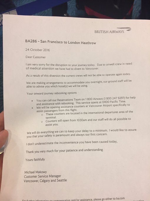 Passenger posts letter to Twitter. 