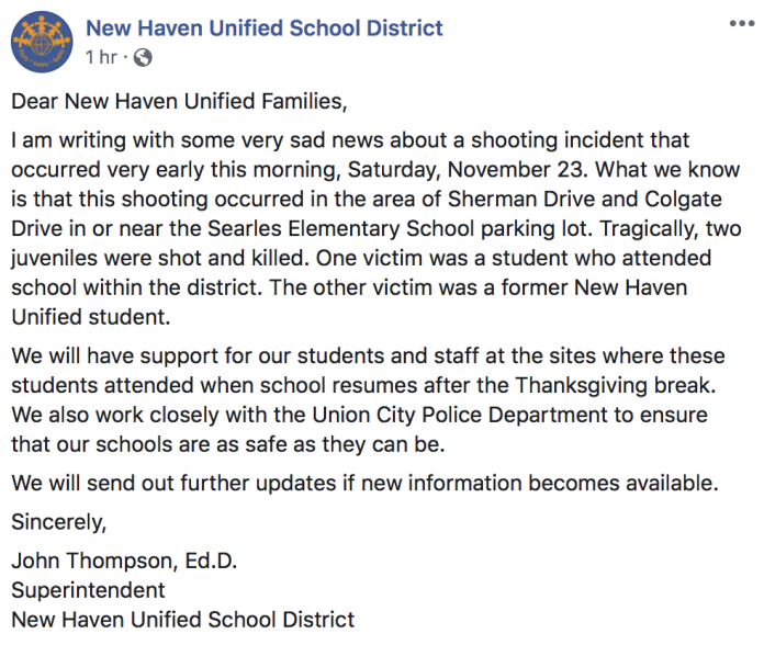 Fatal Shooting At Searles Elementary School New Haven Unified School District said they will give updates once they were available.
