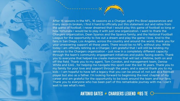 Chargers Star Antonio Gates Announces NFL Retirement