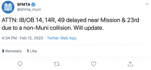 Muni tweets that there is a delay in traffic following the accident.