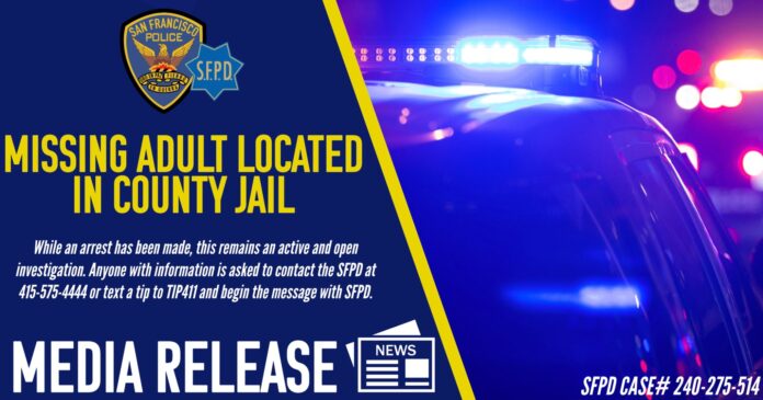 SFPD Locates Missing Adult in San Francisco County Jail