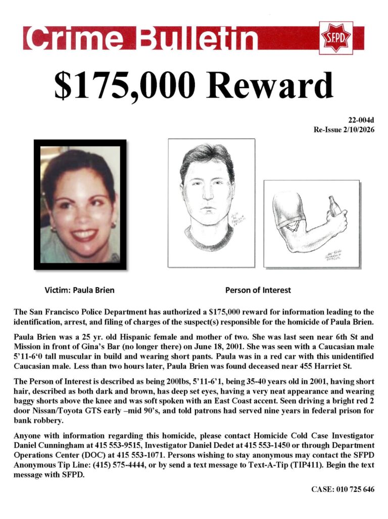SFPD Offering Reward For Information On Paula Brien’s Murder