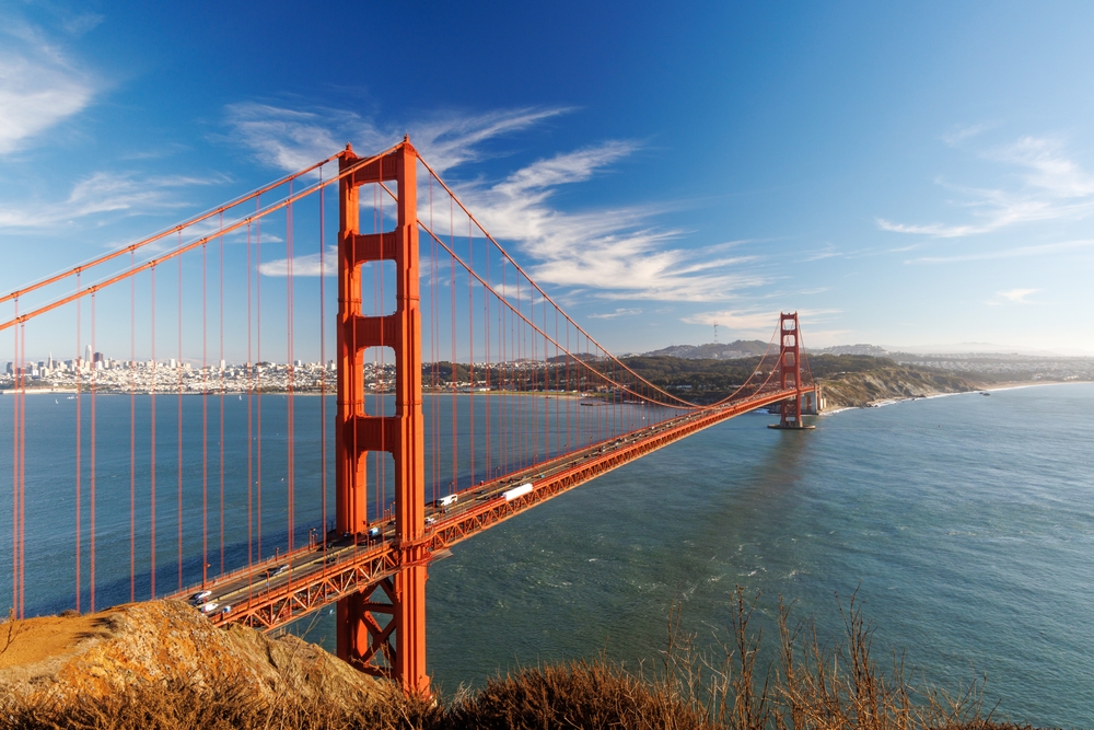 Iconic,View,Of,The,Golden,Gate,Bridge,Bathed,In,Warm